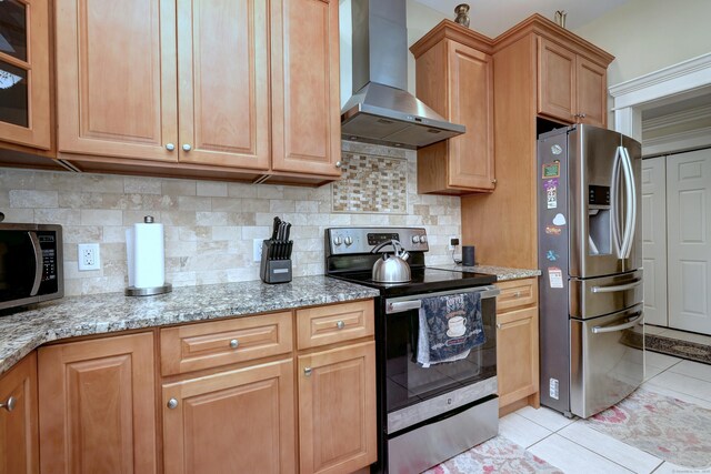 1440 Straits Tpke, Middlebury, CT 06762 - kitchen featuring light tile patterned floors, tasteful backsplash, stainless steel appliances, and wall chimney exhaust hood