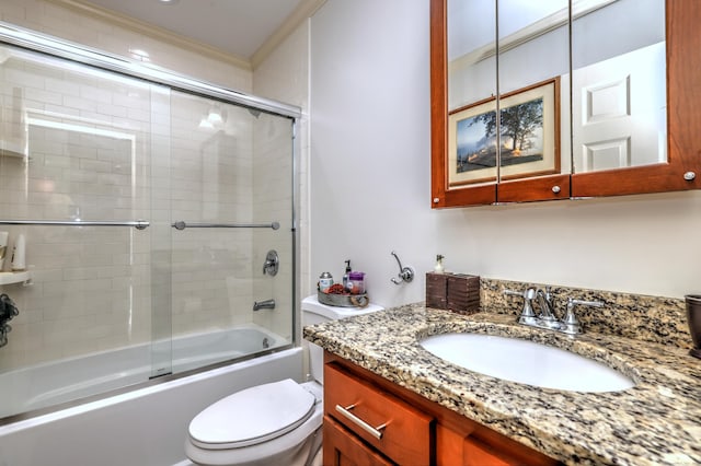 1440 Straits Tpke, Middlebury, CT 06762 - bathroom with crown molding, bath / shower combo with glass door, vanity, and toilet