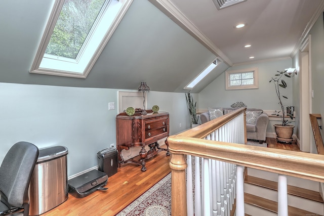 1440 Straits Tpke, Middlebury, CT 06762 - home office with recessed lighting, ornamental molding, wood finished floors, and lofted ceiling with skylight