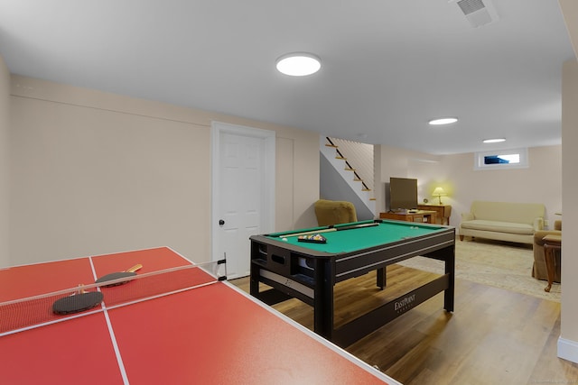 rec room featuring pool table, visible vents, and wood finished floors