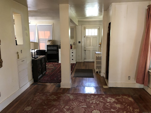 entryway with baseboards, radiator heating unit, and wood finished floors