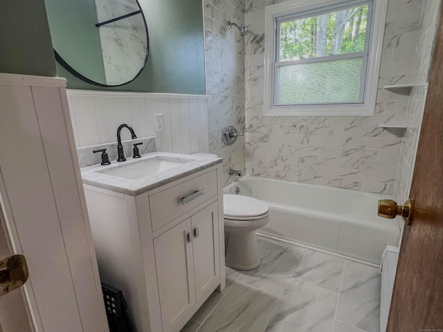 63 Ridgetop Rd, Wallingford, CT 06492 - full bathroom featuring vanity, bathing tub / shower combination, wainscoting, toilet, and marble finish floors