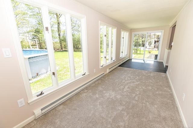 144 Fiesta Hts, Meriden, CT 06451 - unfurnished sunroom featuring a baseboard radiator, carpet, baseboards, and crown molding