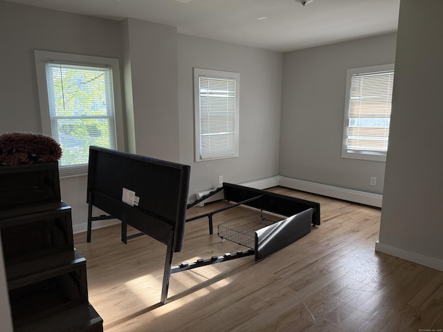 bedroom featuring baseboards, multiple windows, and wood finished floors