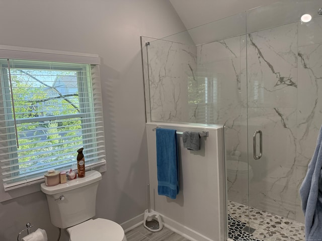 bathroom with a healthy amount of sunlight, a marble finish shower, and toilet