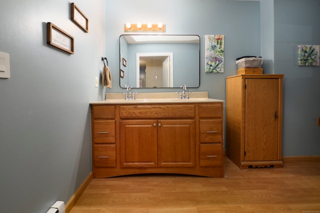 bathroom with double vanity, a sink, and wood finished floors