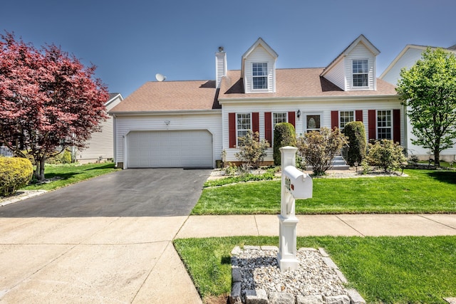 cape cod house featuring aphalt driveway, a chimney, a front lawn, an attached garage, and a shingled roof