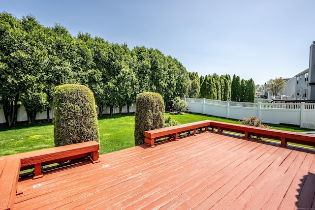 wooden terrace with a fenced backyard and a yard