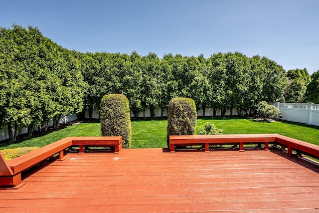 wooden terrace featuring a fenced backyard and a lawn