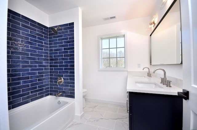 137 Buell Rd, Litchfield, CT 06759 - bathroom featuring toilet, marble look tiles, shower / bathtub combination, double vanity, and baseboards