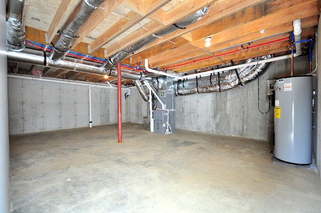 unfinished basement with heating unit and water heater
