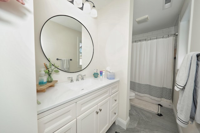 26 Greenwood Dr, Prospect, CT 06712 - full bathroom with visible vents, vanity, marble finish floor, curtained shower, and toilet
