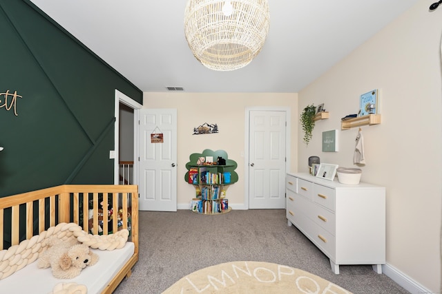 26 Greenwood Dr, Prospect, CT 06712 - bedroom with baseboards, visible vents, a notable chandelier, and light colored carpet