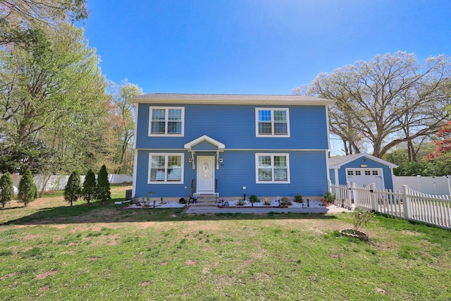 26 Greenwood Dr, Prospect, CT 06712 - colonial inspired home with fence, a front yard, an outbuilding, driveway, and a detached garage