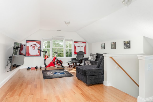 exercise room featuring wood finished floors and lofted ceiling