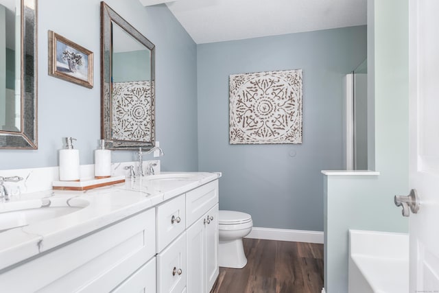 full bathroom featuring a sink, double vanity, toilet, baseboards, and wood finished floors