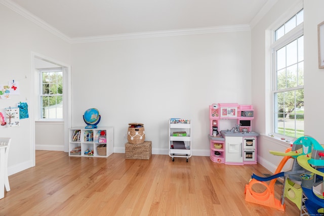 playroom featuring crown molding, baseboards, and wood finished floors
