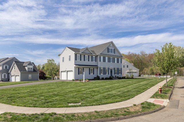 view of front facade featuring an attached garage, a front lawn, and aphalt driveway