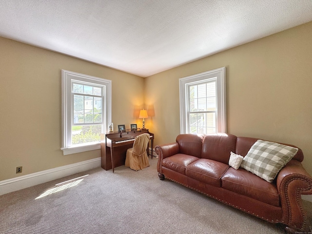 living room with baseboards and carpet
