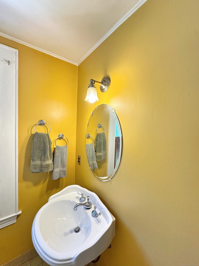 bathroom with crown molding and a sink