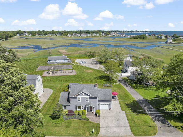 aerial view featuring a water view
