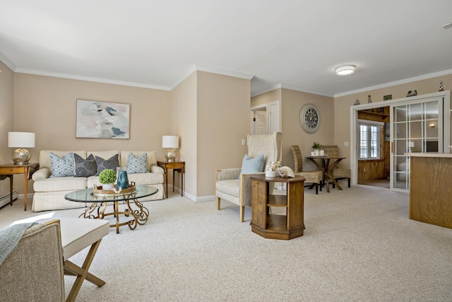 living area featuring carpet floors, baseboards, and ornamental molding