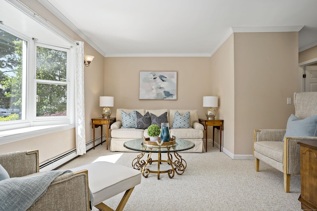 living area with carpet flooring, ornamental molding, and baseboard heating