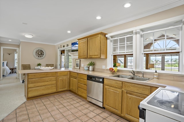 kitchen featuring stainless steel dishwasher, a sink, light countertops, a peninsula, and ornamental molding