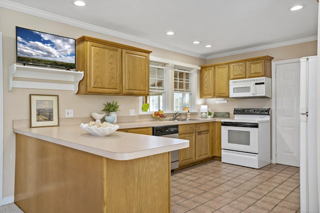 kitchen featuring light countertops, a sink, a peninsula, ornamental molding, and white appliances