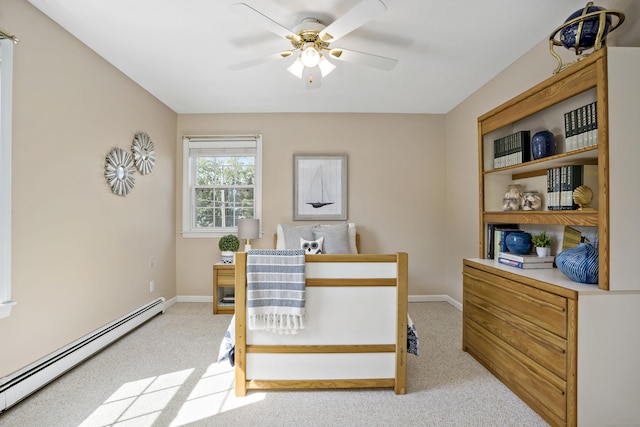 86 Chalker Beach Rd, Old Saybrook, CT 06475 - bedroom with a baseboard radiator, carpet flooring, baseboards, and ceiling fan