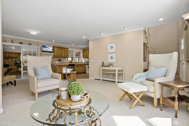 86 Chalker Beach Rd, Old Saybrook, CT 06475 - living room with recessed lighting, a baseboard radiator, crown molding, and light colored carpet