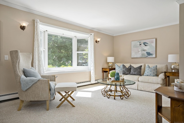 86 Chalker Beach Rd, Old Saybrook, CT 06475 - living room with baseboard heating, crown molding, and carpet floors