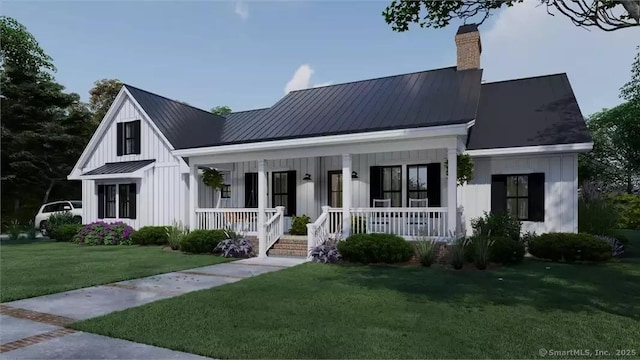 17A Old Stonington Rd, Stonington, CT 06378 - modern inspired farmhouse featuring board and batten siding, a porch, metal roof, a chimney, and a front yard