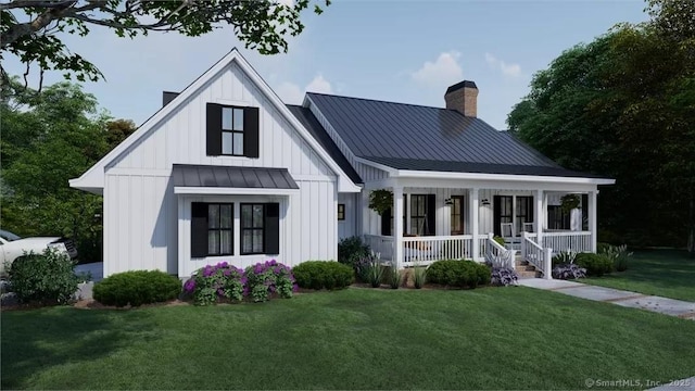 17A Old Stonington Rd, Stonington, CT 06378 - view of front of home featuring a standing seam roof, a chimney, a porch, board and batten siding, and a front lawn