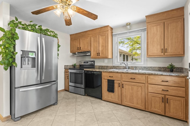 21 Roosevelt Blvd, Enfield, CT 06082 - kitchen featuring stainless steel appliances, a sink, under cabinet range hood, ceiling fan, and light tile patterned floors