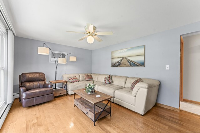 21 Roosevelt Blvd, Enfield, CT 06082 - living area featuring light wood finished floors, a ceiling fan, a baseboard heating unit, and baseboards