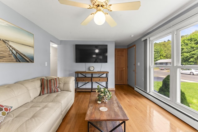21 Roosevelt Blvd, Enfield, CT 06082 - living room with a baseboard radiator, light wood-type flooring, and a ceiling fan