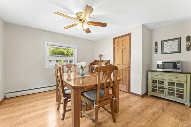 21 Roosevelt Blvd, Enfield, CT 06082 - dining space featuring a baseboard heating unit, light wood-type flooring, a ceiling fan, and baseboards