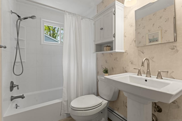 21 Roosevelt Blvd, Enfield, CT 06082 - bathroom featuring toilet, shower / bath combination with curtain, and a baseboard heating unit