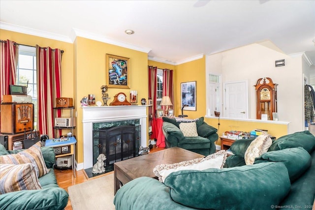 21 Woodcrest Ln Unit 21, Danbury, CT 06810 - living room with crown molding, baseboards, wood finished floors, and a premium fireplace