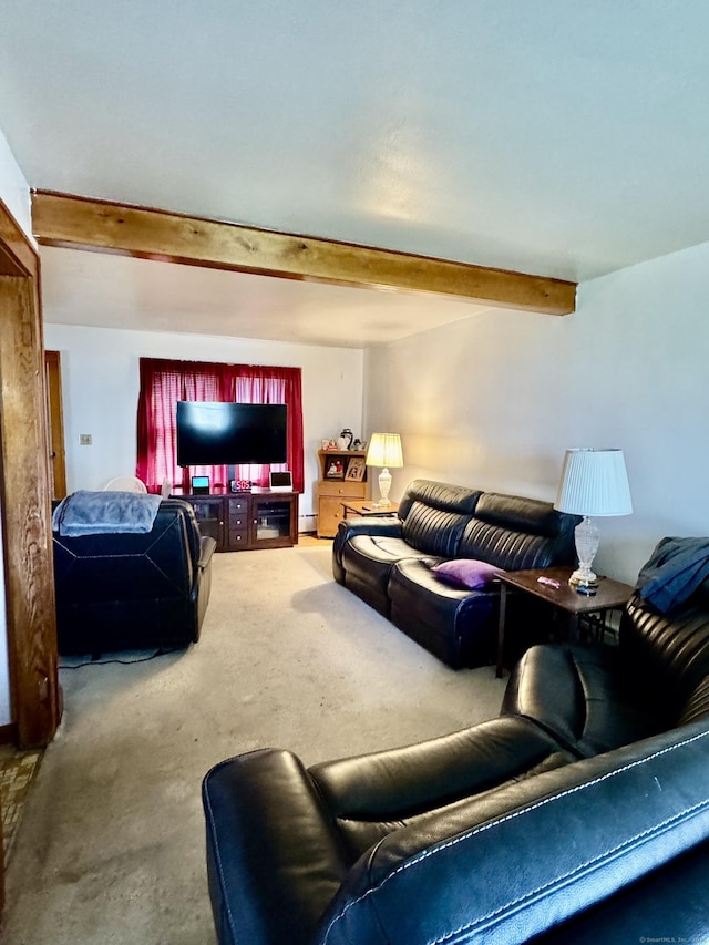 living area featuring carpet flooring and beam ceiling