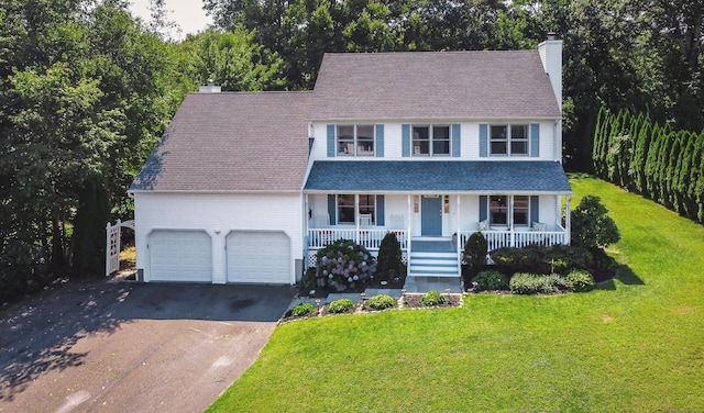 view of front of home with a front lawn, an attached garage, a chimney, a porch, and driveway