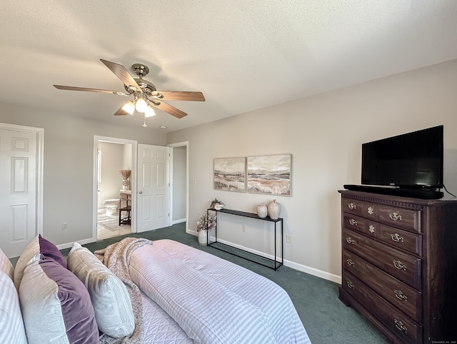 bedroom featuring baseboards, ceiling fan, and dark carpet