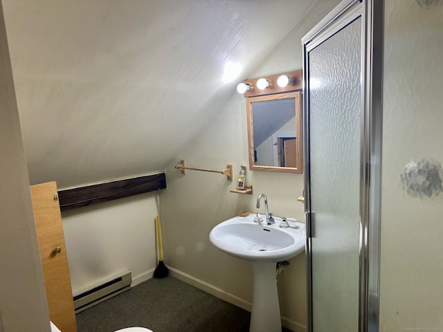 2951 Winsted Rd, Torrington, CT 06790 - bathroom with a baseboard radiator, vaulted ceiling, and baseboards