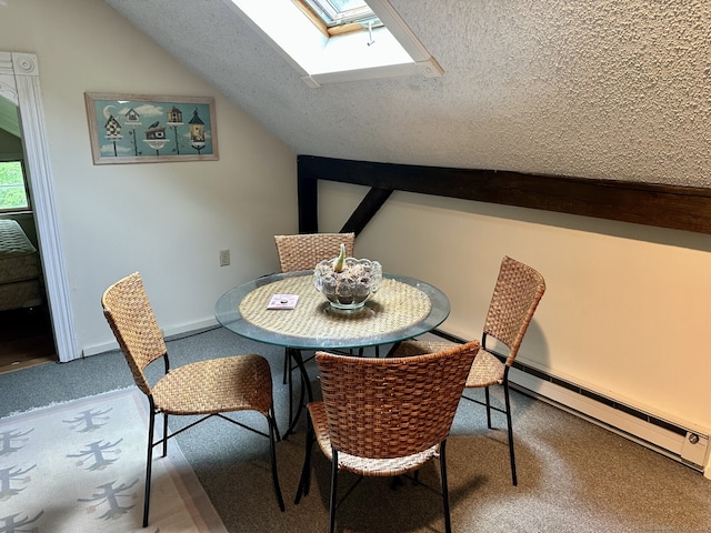 2951 Winsted Rd, Torrington, CT 06790 - dining area with a textured ceiling, a skylight, lofted ceiling, carpet floors, and a baseboard heating unit
