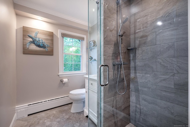 full bath featuring a baseboard heating unit, a shower stall, crown molding, toilet, and baseboards