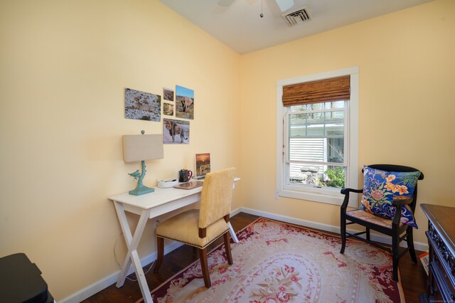 2 Bartholomew Rd, Branford, CT 06405 - office area featuring baseboards, ceiling fan, visible vents, and wood finished floors