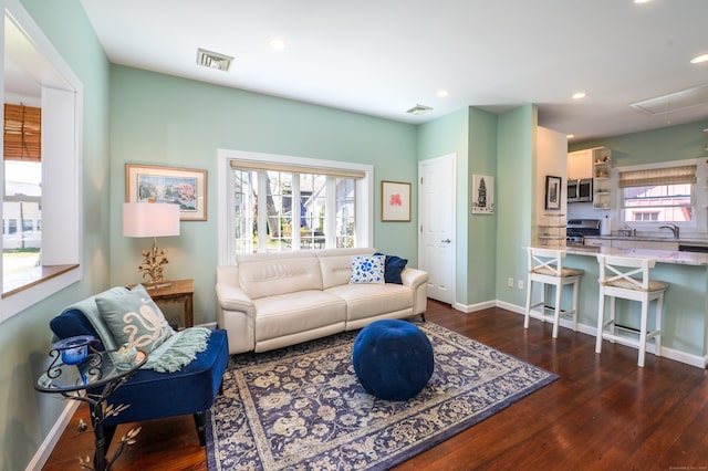 2 Bartholomew Rd, Branford, CT 06405 - living area featuring recessed lighting, attic access, visible vents, and dark wood finished floors