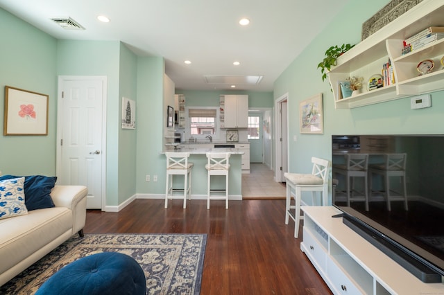 2 Bartholomew Rd, Branford, CT 06405 - living room with baseboards, dark wood-style floors, visible vents, and recessed lighting