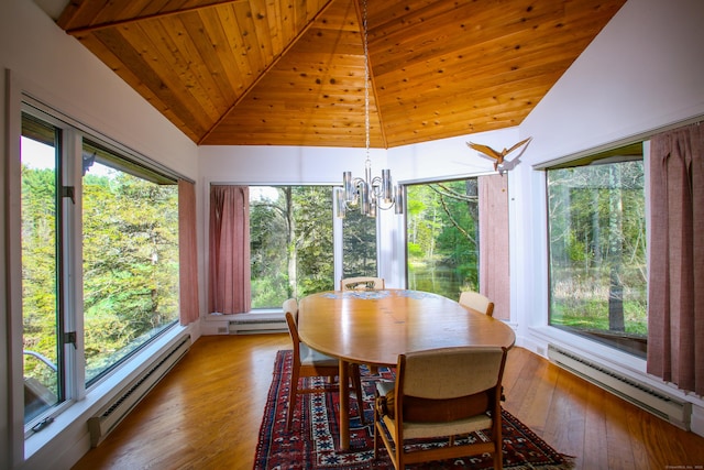 sunroom with an inviting chandelier, lofted ceiling, baseboard heating, and a healthy amount of sunlight